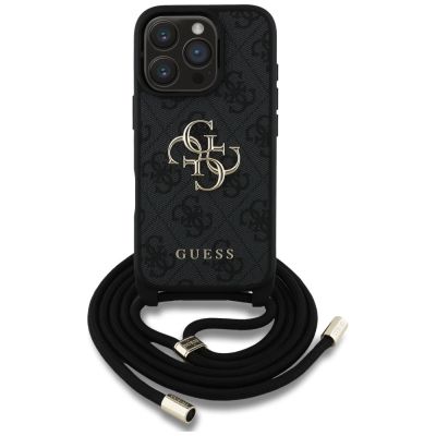 2. Guess 4G Big Logo Cord Stap Crossbody Case for iPhone 16 Pro Max black
