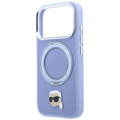 6. Karl Lagerfeld with Ring Stand 360 Karl Head Pin MagSafe Case for iPhone 18 Pro / 17 Pro - Light Blue