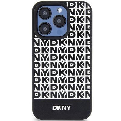 3. DKNY Leather Printed Pattern Metal Logo MagSafe Case for iPhone 15 Pro Max - Black