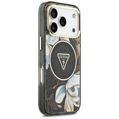 4. Guess IML Glitter Flowers Triangle MagSafe Case for iPhone 17 Pro / 18 Pro - Black