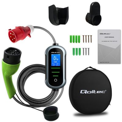 9. Qoltec Portable EV and Hybrid Vehicle Charger with 2-in-1 Adjustable Charging Type 2 | 11 kW | 400 V | CEE 16 A | Wi-Fi | TUYA | SMART LIFE | LCD | Portable | Wallbox | 5 m