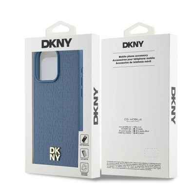 8. DKNY Leather Monogram Pattern Metal Logo MagSafe Case for iPhone 15 Pro Max - Blue