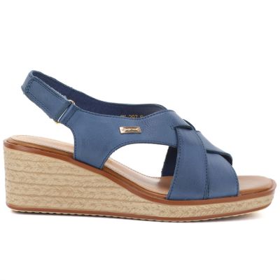 2. Sergio Leone SK297 Navy Blue Women's Leather Wedge Sandals