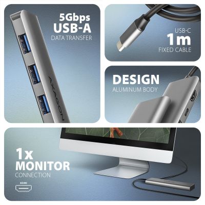3. Axagon HMC-5H USB-C 3.2 Gen 1 hub 3x USB-A 4K HDMI PD 100W - Silver Wired USB 3.2 Gen 1 (3.1 Gen 1) Type-C Silver