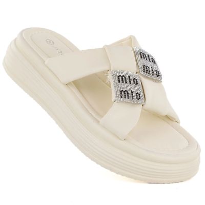 8. Women's beige platform flip-flops with zircons Potocki 16347