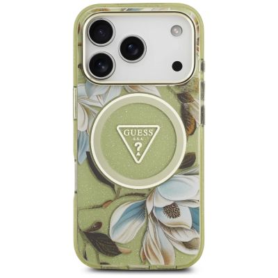 3. Guess IML Glitter Flowers Triangle MagSafe Case for iPhone 17 Pro / 18 Pro - Green
