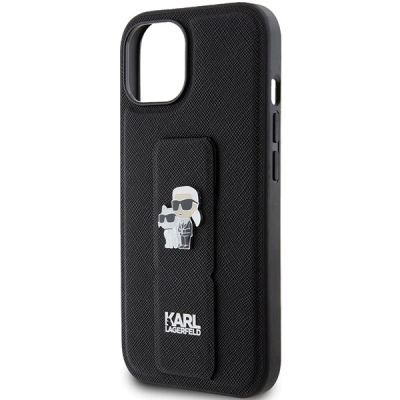 6. Karl Lagerfeld Gripstand Saffiano Karl&Choupette Pins case for iPhone 15 Plus / 14 Plus - black