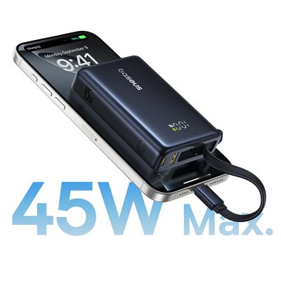 6. Baseus PicoGo 10000mAh 45W Power Bank with Digital Display and Built-in USB-C Cable - Black