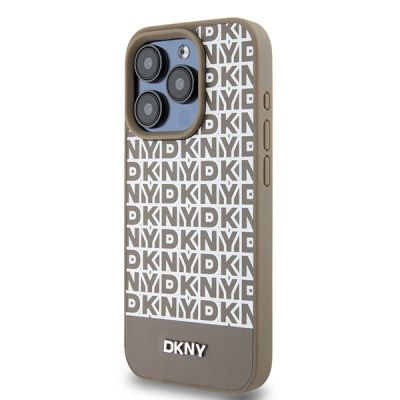 2. DKNY Leather Printed Pattern Metal Logo MagSafe Case for iPhone 15 Pro - Brown