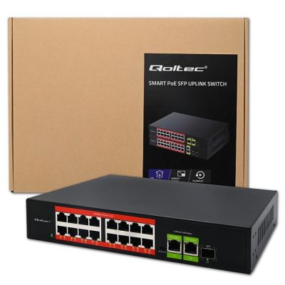 13. Qoltec SWITCH Fast Ethernet PoE Network Switch | 16x RJ45 10/100 Mb/s | 2x RJ45 Uplink 1000 Mb/s | 1x SFP 1000 Mb/s