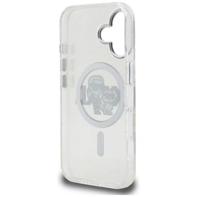 7. Karl Lagerfeld IML Glitter Karl & Choupette Sketch Logo MagSafe Case for iPhone 16 - Transparent