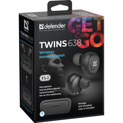 9. DEFENDER WIRELESS HEADPHONES WITH MICROPHONE "TWS" TWINS 638 BLACK 63638