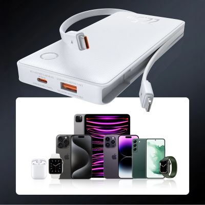 12. Baseus Airpow Lite 10000mAh 22.5W Power Bank with Built-in USB-C and Lightning Cables - White