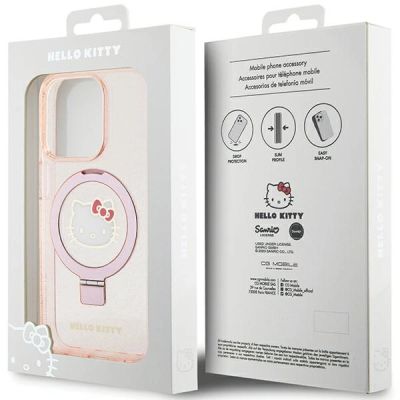 8. Hello Kitty Ring Stand Glitter Electrop Logo MagSafe Case for iPhone 15 Pro - Pink