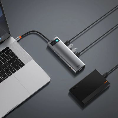 9. Baseus Metal Gleam 11in1 multifunctional USB Type C HUB - 3x USB 3.2 Gen 1 5Gbps / USB Type C PD 100W / 3.5 mm mini jack AUX / VGA Full HD 60Hz / 2x HDMI 4K 30Hz / TF and SD card reader / RJ45 1Gbps gray (CAHUB-CT0G)