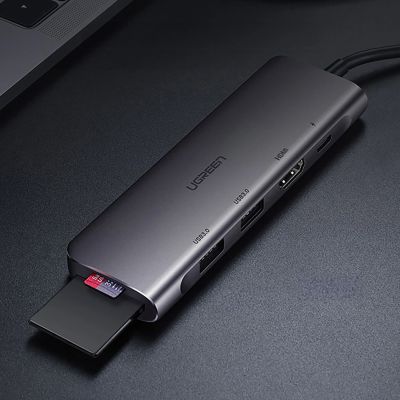 6. Ugreen CM195 ​​6in1 adapter USB-C - HDMI / 2x USB-A 3.0 / USB-C PD / SD / TF reader - gray
