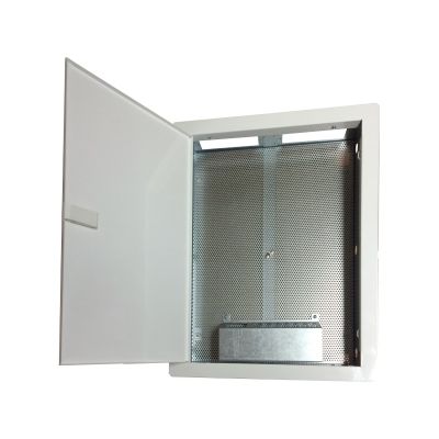 Housing/cabinet, multimedia 500x350x90, flush-mounted, perforated door, 1 x electric socket, 14 x Keystone sockets ALANTEC