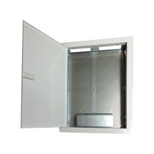 Housing/cabinet, multimedia 500x350x90, flush-mounted, perforated door, 1 x electric socket, 14 x Keystone sockets ALANTEC