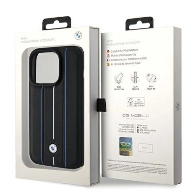 8. BMW Leather Stamp Blue Line Case for iPhone 15 Pro Max - Black