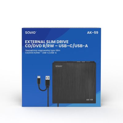 4. SAVIO EXTERNAL SLIM CD/DVD R/RW RECORDER - USB C/USB-A, AK-59