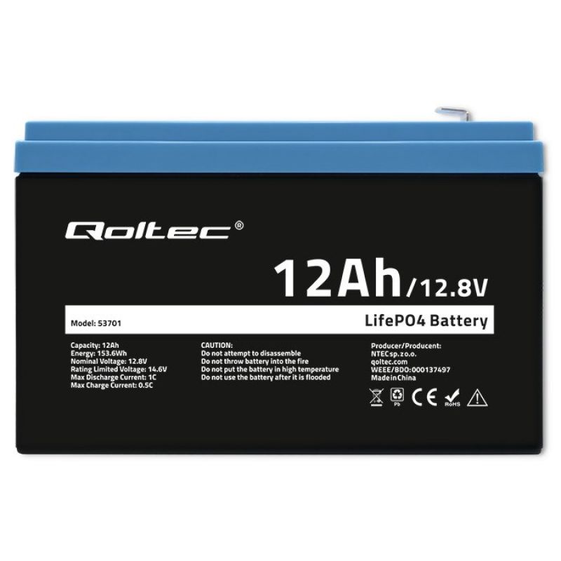 5. Qoltec LiFePO4 Lithium Iron Phosphate Battery 12.8V 12Ah 153.6Wh BMS