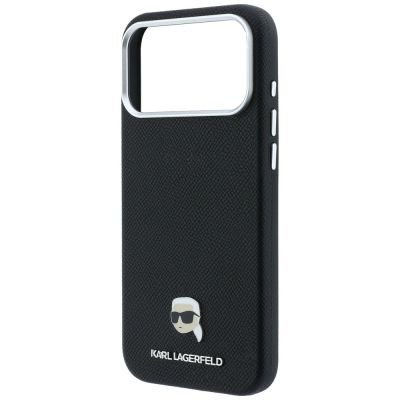 6. Karl Lagerfeld Grained Karl Head Metal MagSafe Case for iPhone 18 Pro Max / 17 Pro Max - Black