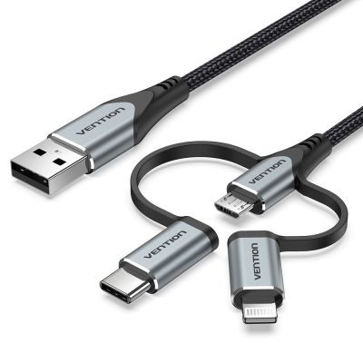 3. Vention USB-A 3in1 Micro-B USB-C Lightning Cable 1m Gray