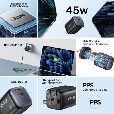 9. UNITEK 2X GAN 45W CHARGING UNIT, 2XUSB-C PD 3.0, QC, BLACK