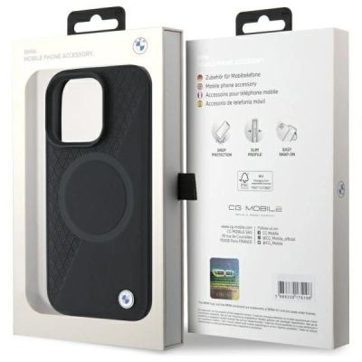 8. BMW Sign Leather Half Textured And Circle MagSafe case for iPhone 16 Pro Max - black