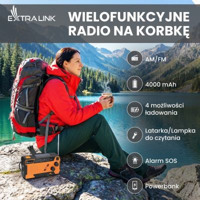 26. Extralink Solar Emergency Radio with Crank Dynamo Powerbank 4000mAh with SOS Flashlight SR-4000 Portable Analog Black, Orange