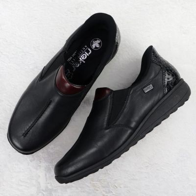 14. Women’s black leather wedge shoes Rieker 47253-00