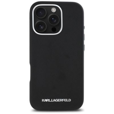 3. Karl Lagerfeld Saffiano Full Wrapped Elongated Metal Logo MagSafe iPhone 16 Pro Case - Black