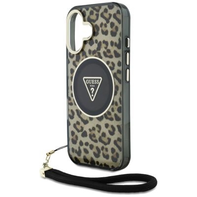 5. Guess HC IML Leopard Triangle Cord Strap MagSafe iPhone 16 Case - Brown