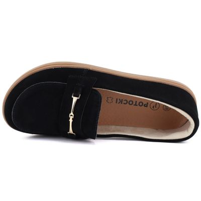 3. Women's leather moccasin shoes, wide, black, Potocki JE19507