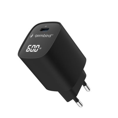 2. GEMBIRD 1-PORT FAST POWER CHARGER (PD) USB TYPE-C, 60W, LCD, BLACK