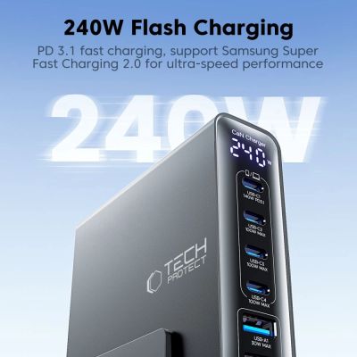 7. Tech-Protect DC240W-GaN Charging Station 6 Ports 4 x USB-C 2 x USB-A 240W QC3.0 - Black