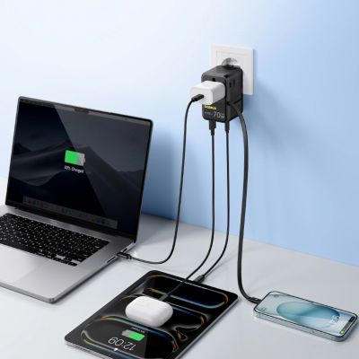 7. Baseus EnerCore CG11 70W 6-in-1 Travel Adapter with Retractable USB-C Cable - Black