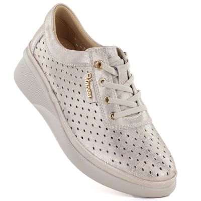 Women's leather openwork wedge shoes, gold, Vinceza 79603