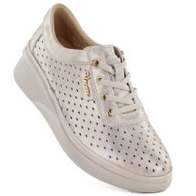 Women's leather openwork wedge shoes, gold, Vinceza 79603