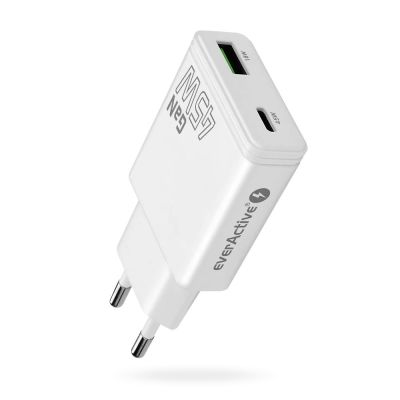 EVERACTIVE GAN WALL CHARGER 1 X USB, 1 X USB-C QUICK CHARGE 3.0 45W WHITE SC-460Q