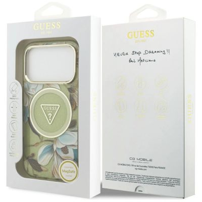 8. Guess IML Glitter Flowers Triangle MagSafe Case for iPhone 17 Pro Max - Green