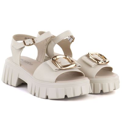 3. Women's leather sandals on a platform with decoration, beige Vinceza 26-79611
