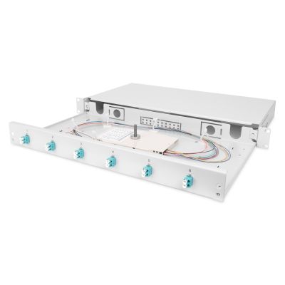 10. FO patch panel with equipment 19'' 1U, 6x LC dx, OM3, pigtails, adapters, trays, sliding, gray