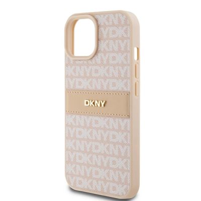 6. DKNY Leather Mono Stripe & Metal Logo Case for iPhone 15 Plus / 14 Plus - Pink