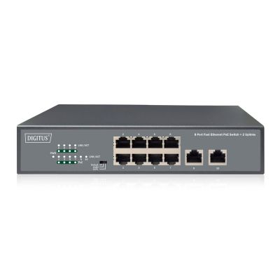 14. Unmanaged network switch 19" 8x RJ45 10/100 Mb/s, 2x FastEthernet uplink, PoE+ 120W budget