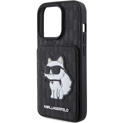 6. Karl Lagerfeld Saffiano Cardslots and Stand Monogram Choupette Case for iPhone 15 Pro Max - Black