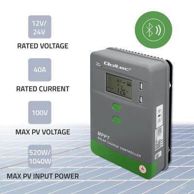 2. Qoltec 53663 MPPT solar charge controller with temperature sensor 40A | 12V / 24V | LCD | 2 x USB | Bluetooth | APP | GEL | LiFePO4