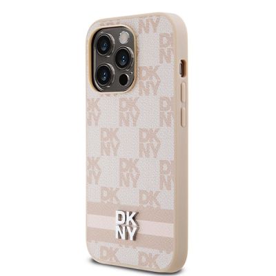 2. DKNY Leather Checkered Mono Pattern & Printed Stripes case for iPhone 14 Pro - pink