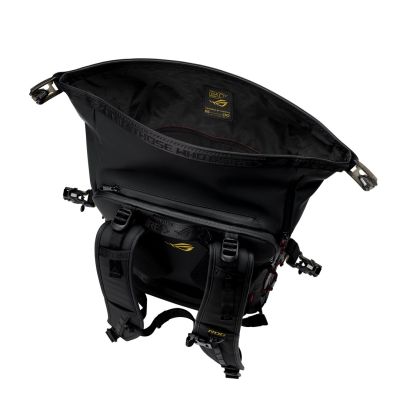 13. ASUS ROG SLASH Backpack Edition 20 Roll-Up Backpack Black Polyester, Waxed Leather (Pull Up)