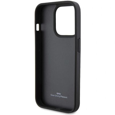 7. BMW Leather Stamp Blue Line Case for iPhone 15 Pro Max - Black
